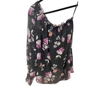 White House Black Market One-Shoulder Black Floral Sheer Top Size Small